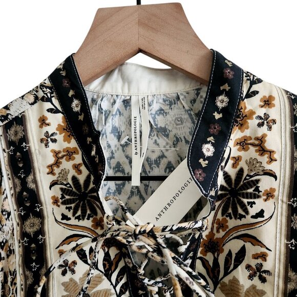 NWT By Anthropologie Pleated Puff-Sleeve Cotton Brown Ethnic Blouse Sz. XXS P - Picture 6 of 6